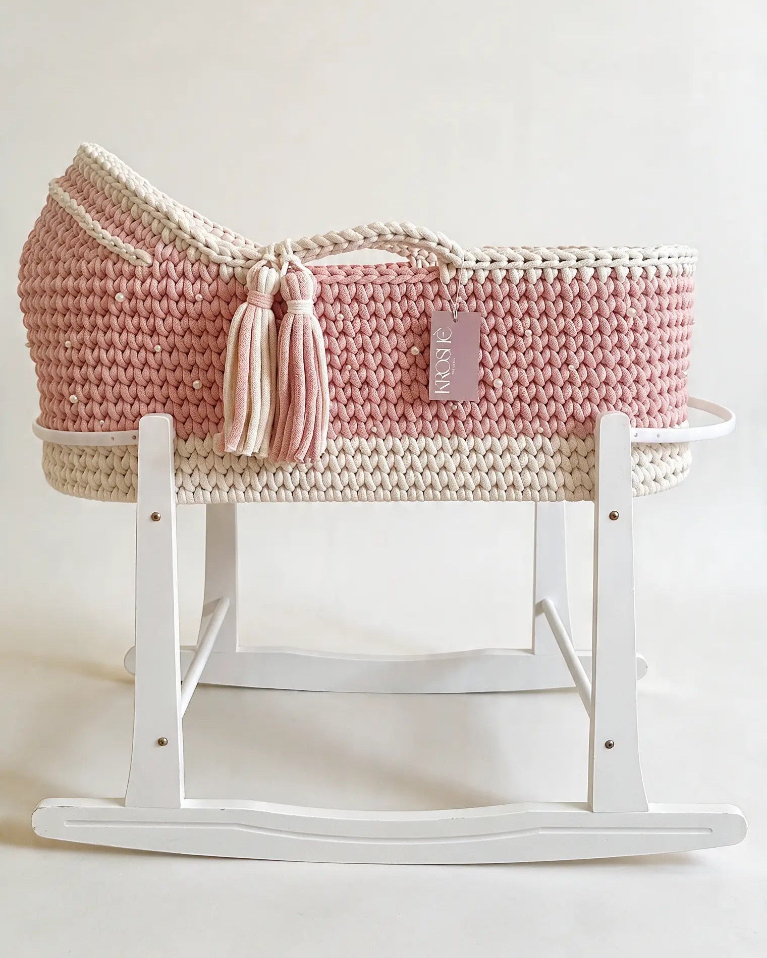 Hooded Moses Basket - Natural White and Paste pink