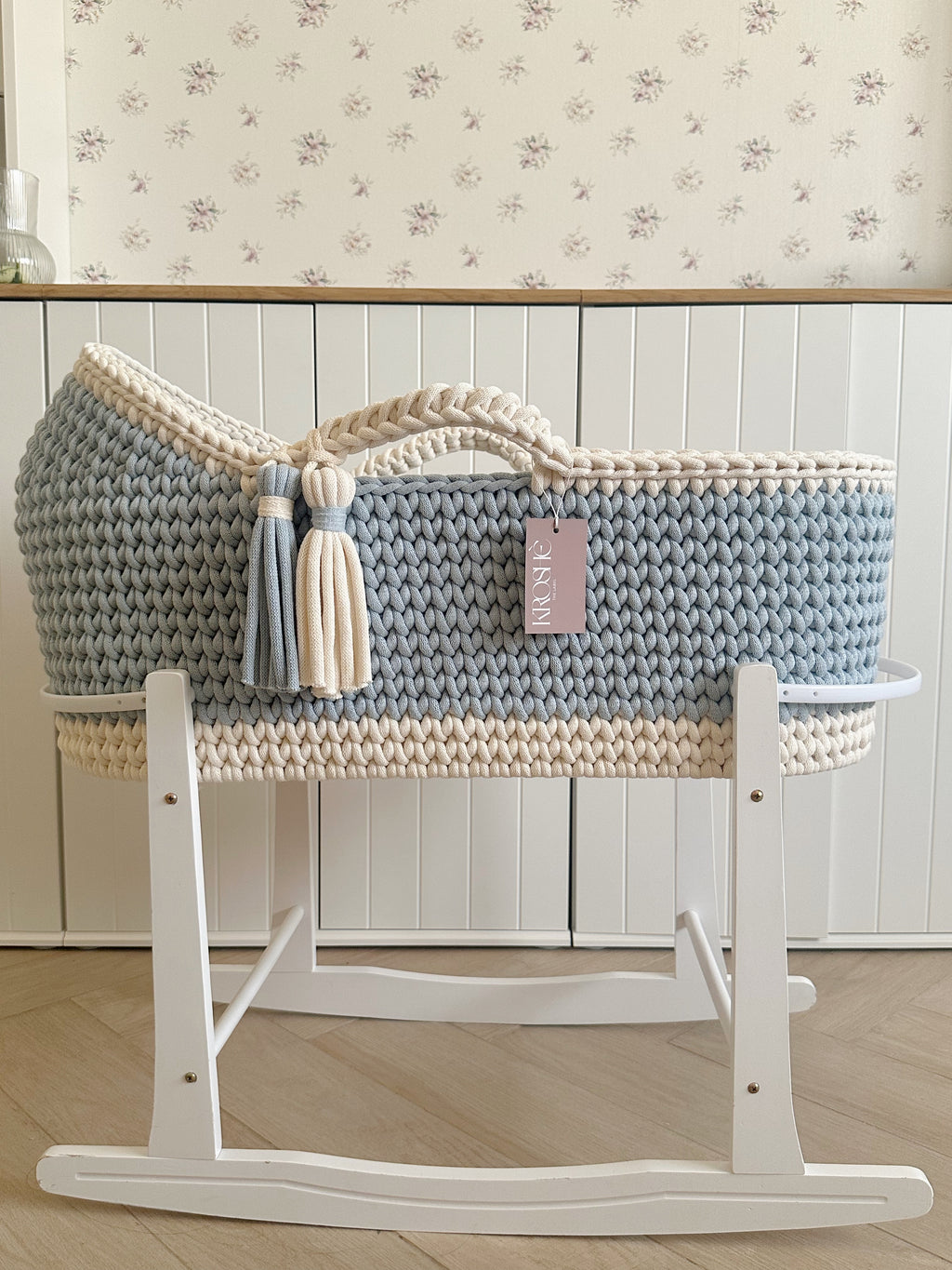 Hooded Moses Basket- Misty Blue and Natural white