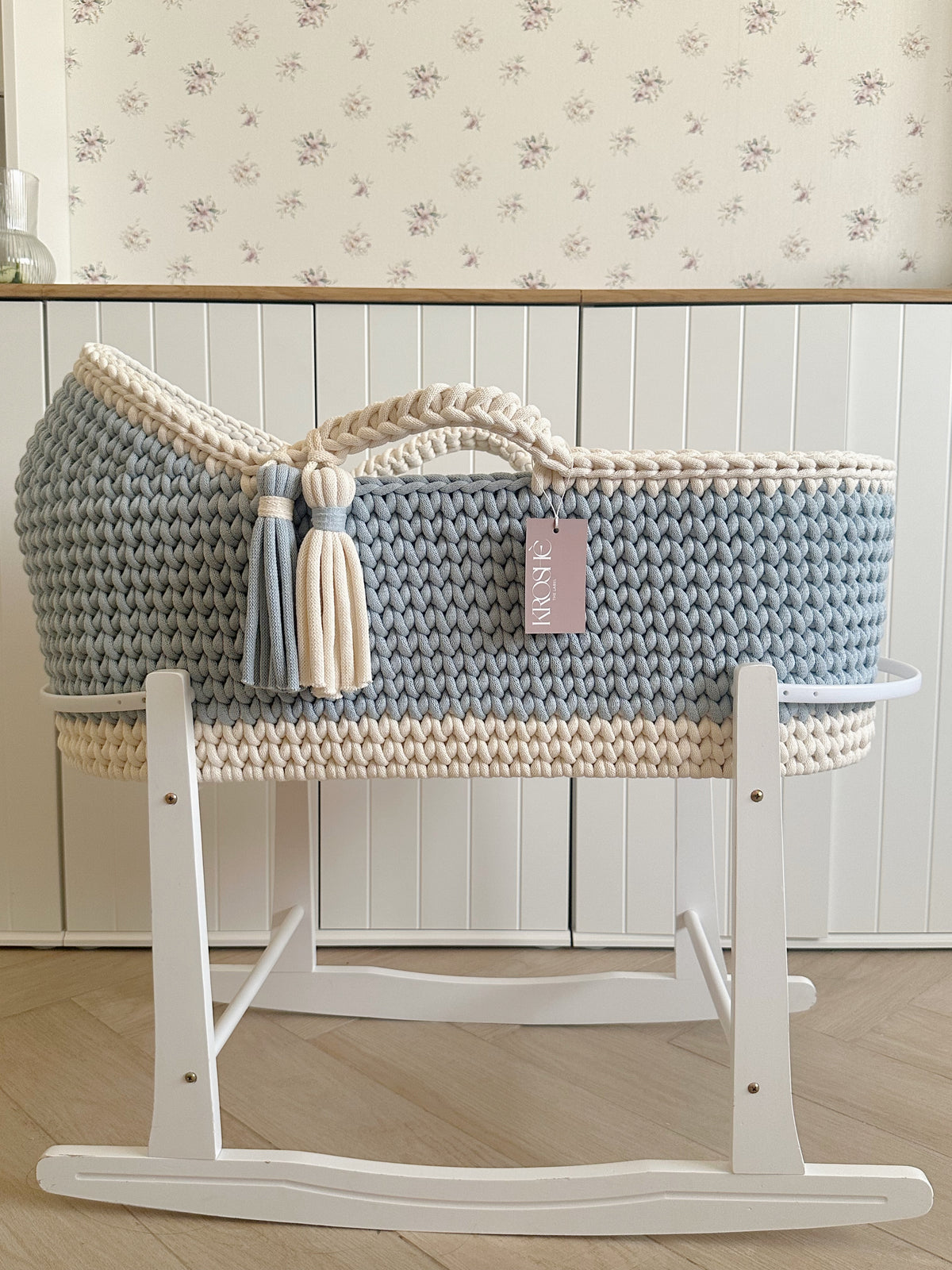 Hooded Moses Basket- Misty Blue and Natural white