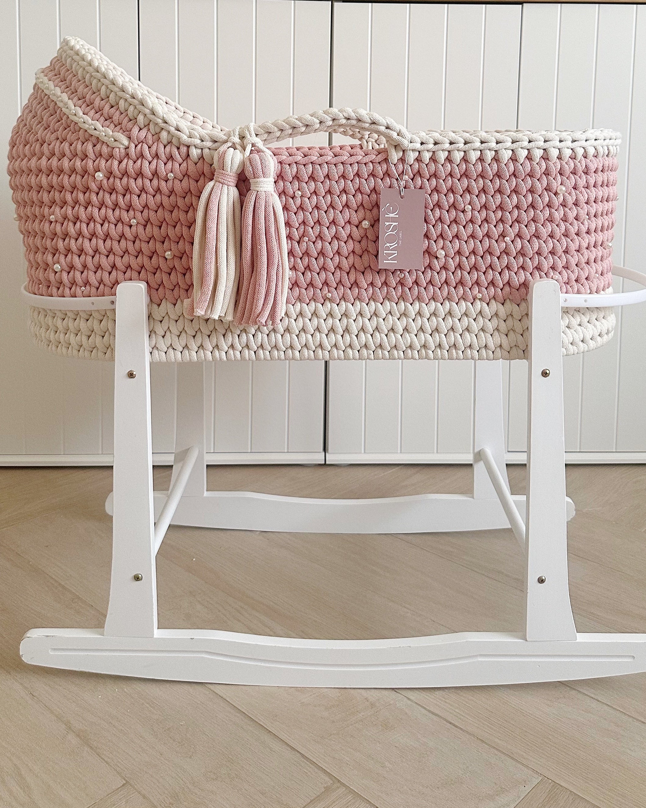 Hooded Moses Basket - Natural White and Paste pink