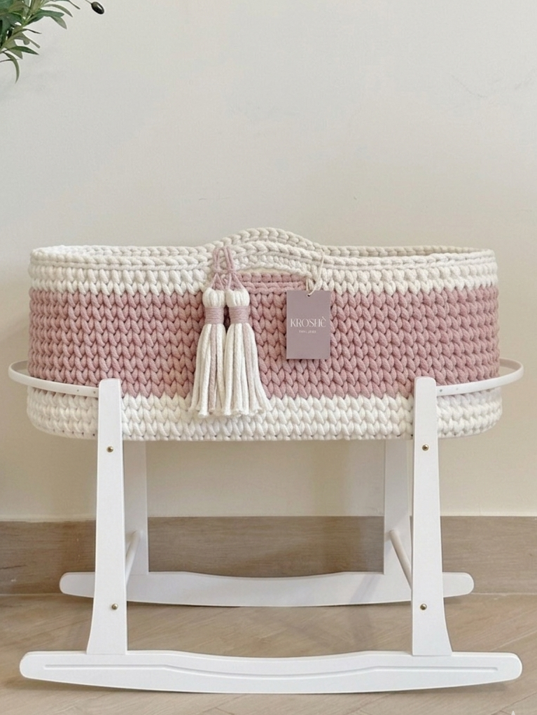 Moses Basket - OFF White & Pastel pink