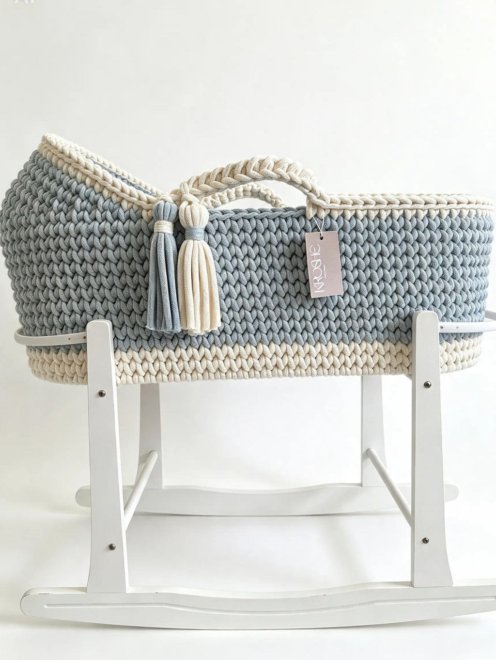 Hooded Moses Basket- Misty Blue and Natural white