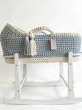 Hooded Moses Basket- Misty Blue and Natural white