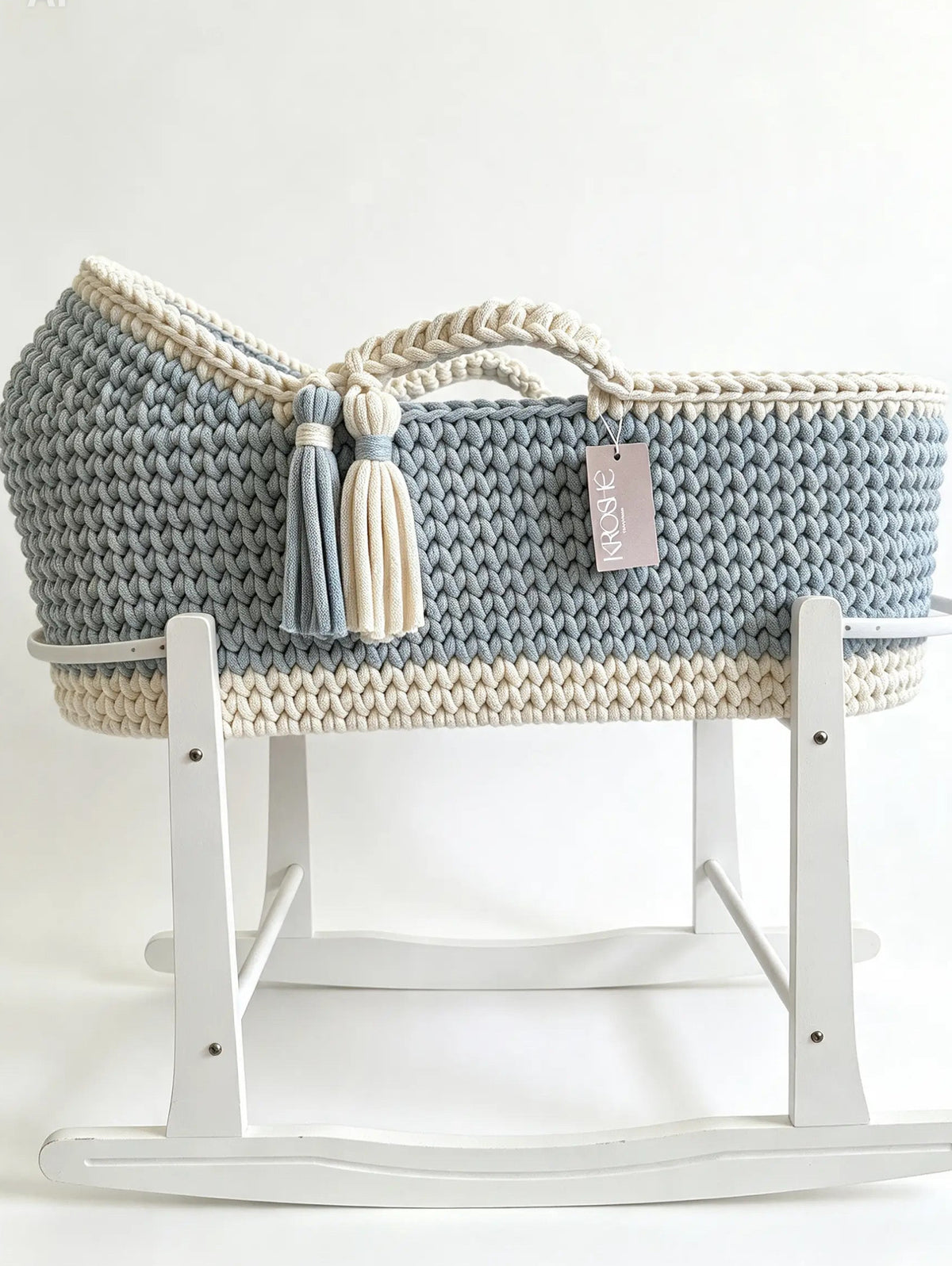 Hooded Moses Basket- Misty Blue and Natural white